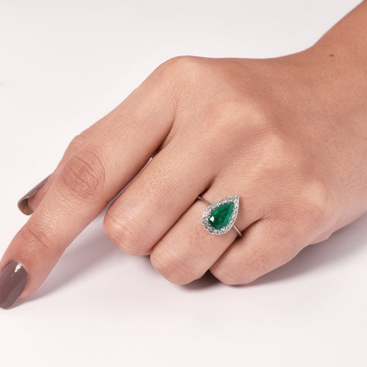 Pear Emerald Halo Diamond Ring