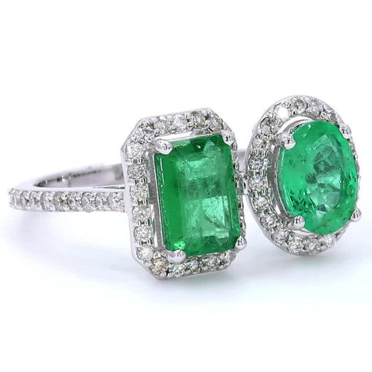 Emerald Oval and Emerald Cut Diamond Halo Ring