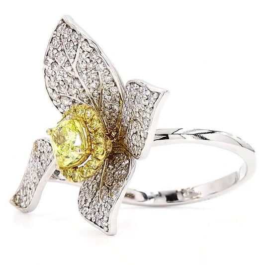 Floral Natural Yellow Diamond Open Band Halo Ring
