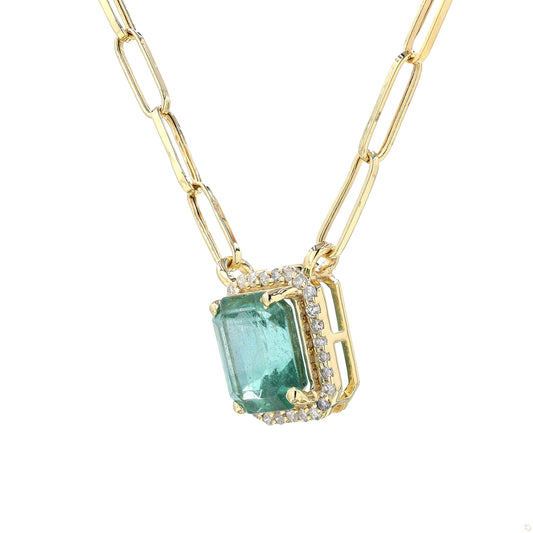 Emerald Halo Diamond Pendant Necklace