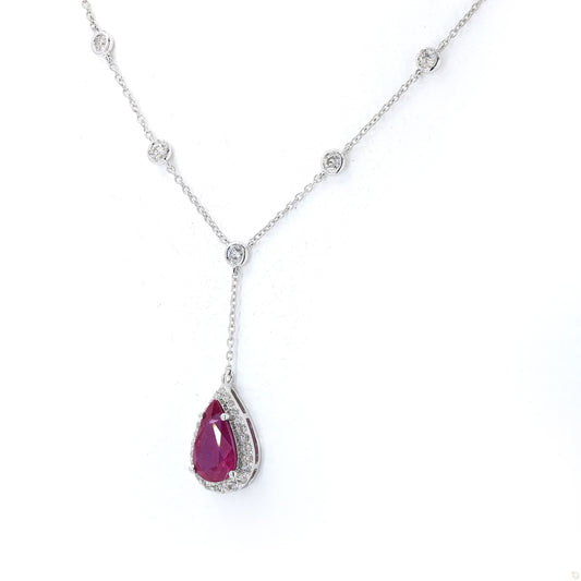 Pear Cut Ruby Diamond Drop Station Necklace