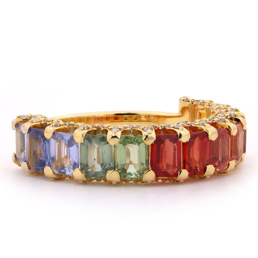 Multi Stone Emerald Cut Sapphire Gemstone Band Ring