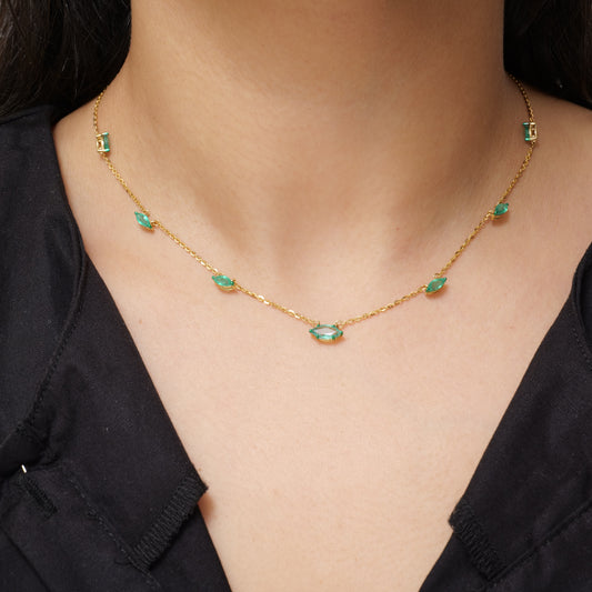 Natural Marquise Cut Emerald Gemstone Station Necklace
