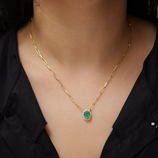 Oval Emerald Halo Diamond Pendant Necklace
