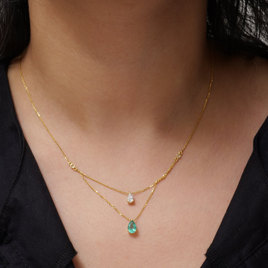 Pear Shape Emerald Diamond Layering Necklace