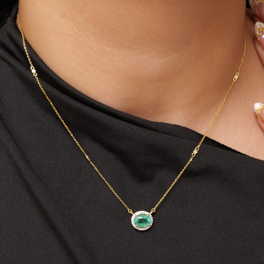 Oval Emerald Diamond Halo Necklace