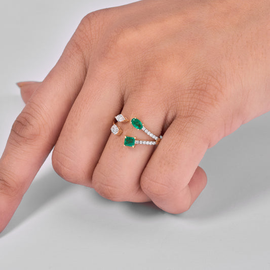 Emerald Diamond Bypass Cuff Ring