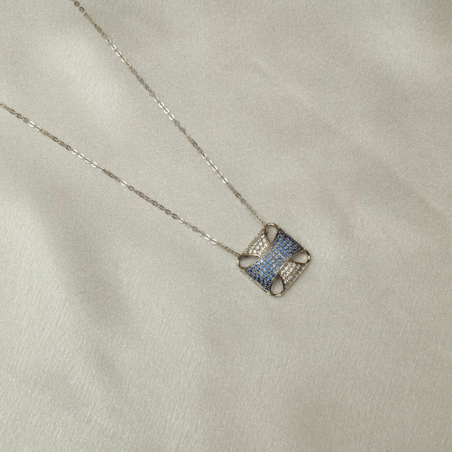 Square Blue Sapphire Diamond Pendant Necklace