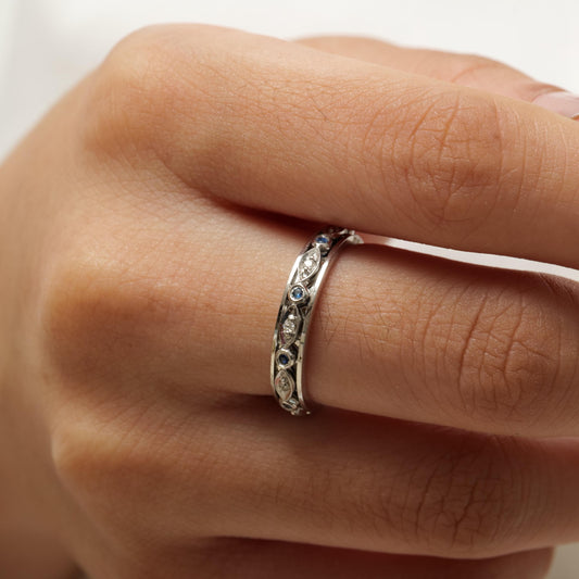 Natural Blue Sapphires & Diamonds Eternity Band Ring