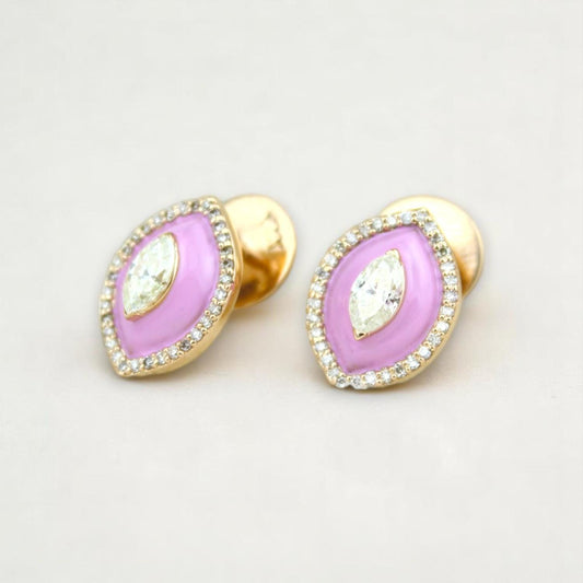 Eye shape Diamond Stud Earrings with Pink Enameling