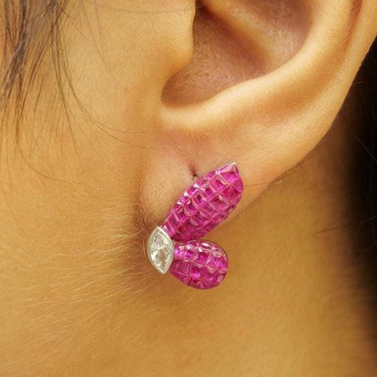 Butterfly Pink Sapphire Diamond Stud Earrings