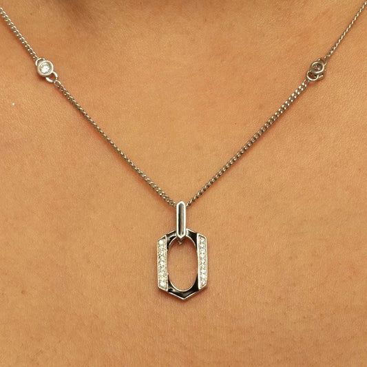 Hexagonal Enamel Diamond Pendant Necklace