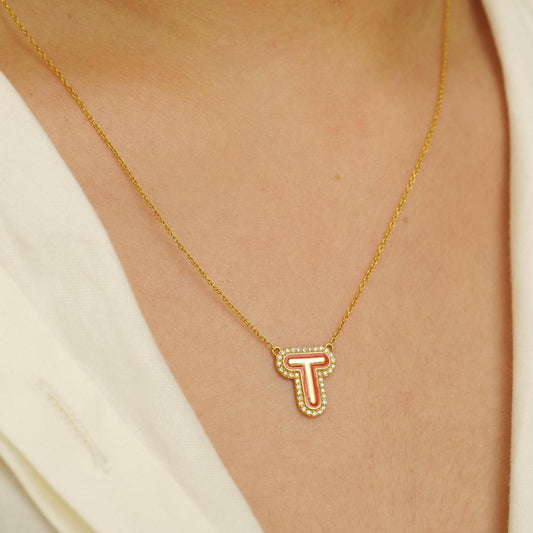 Personalized Initial Halo Diamond Enamel Necklace