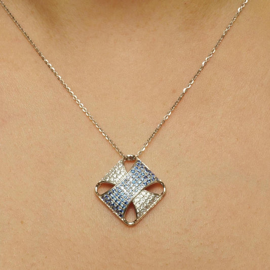 Square Blue Sapphire Diamond Pendant Necklace