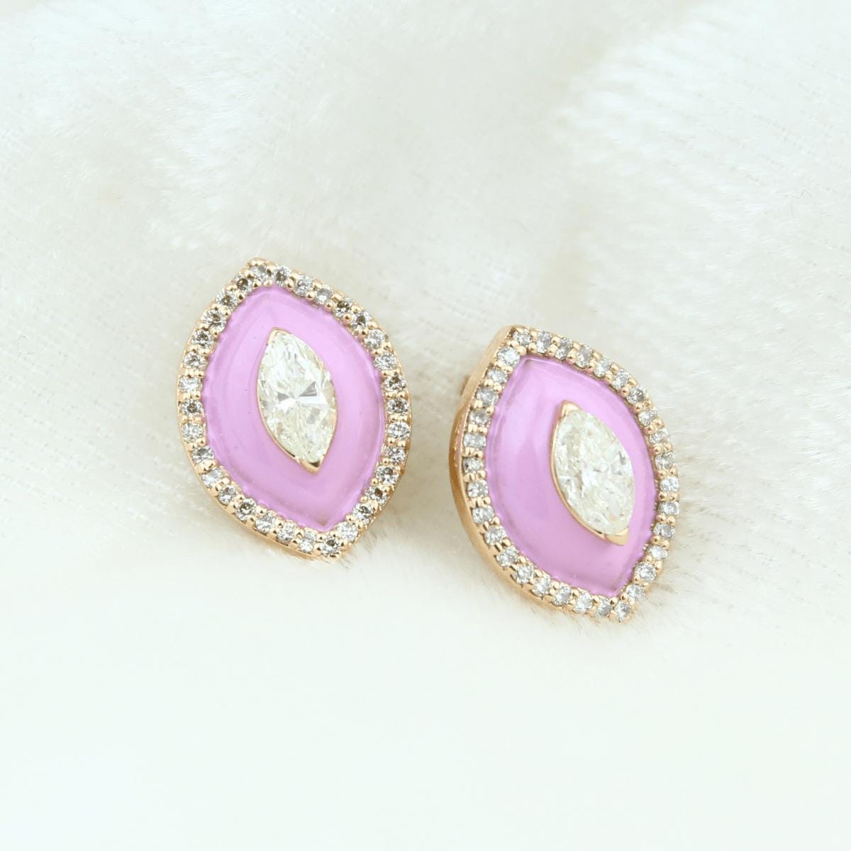 Eye shape Diamond Stud Earrings with Pink Enameling