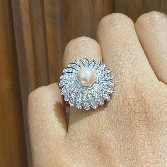 Cultured Pearl Flower Diamond Ring