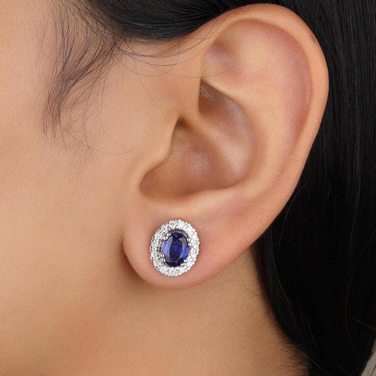 Oval Blue Sapphires Halo Diamond Earrings