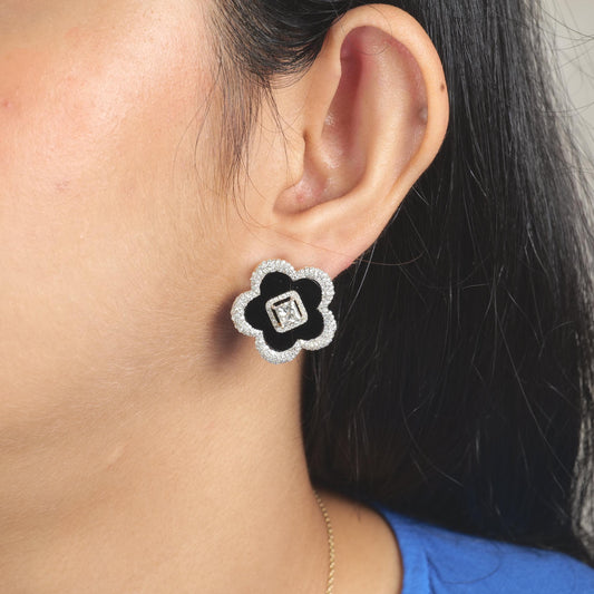 Onyx Flower Diamond Stud Earrings