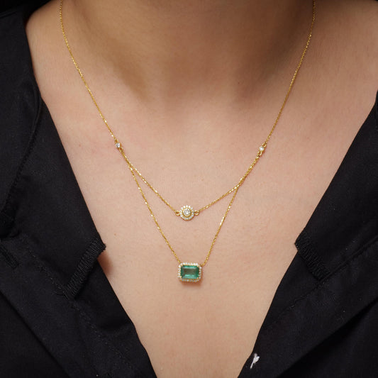 Layered Natural Emerald Diamond Necklace