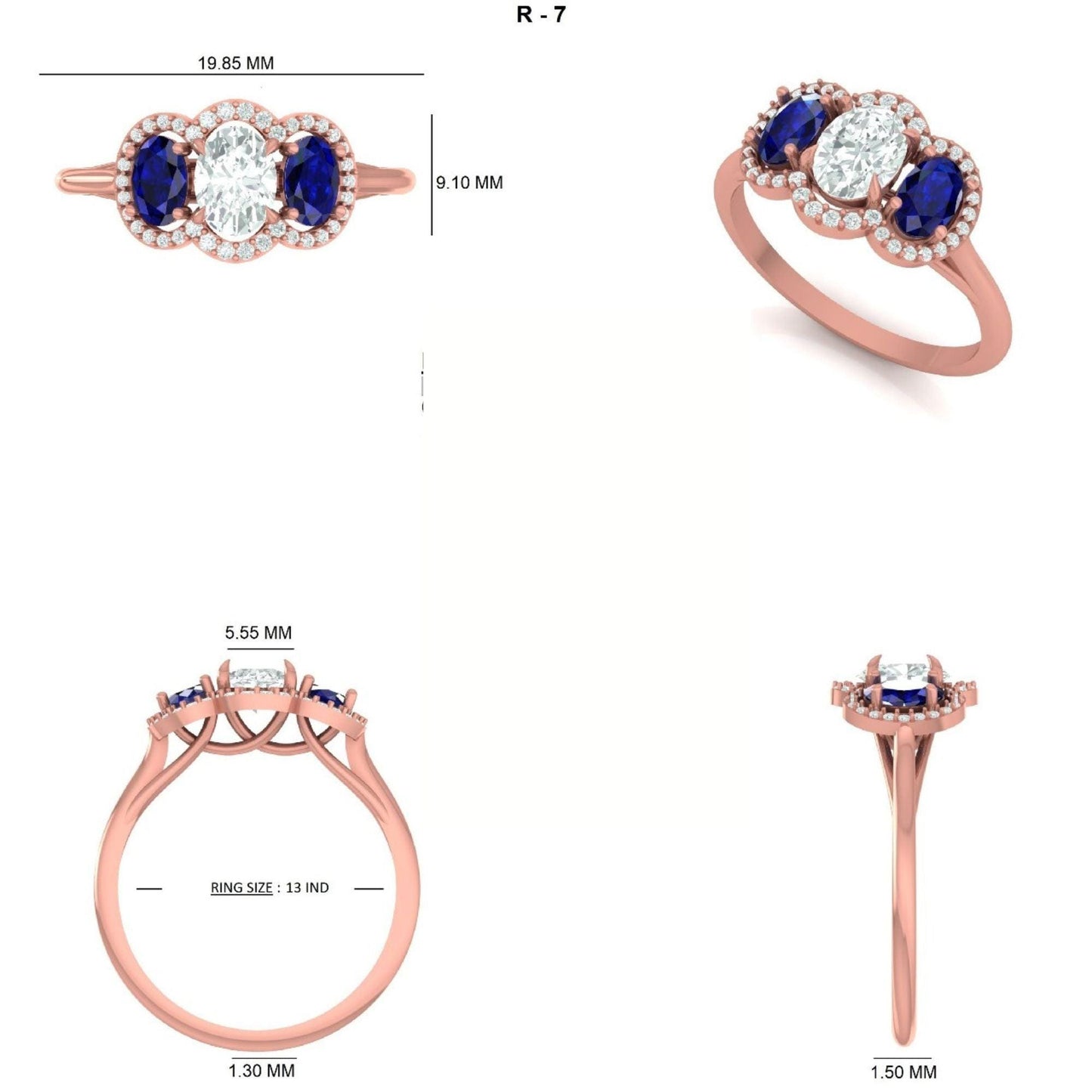Three Stone Natural Oval Sapphire & Diamond Ring