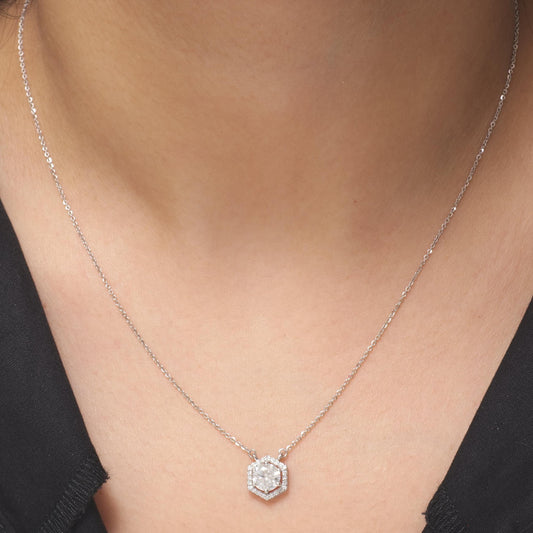 Hexagon Halo Solitaire Natural Diamonds Minimal Necklace