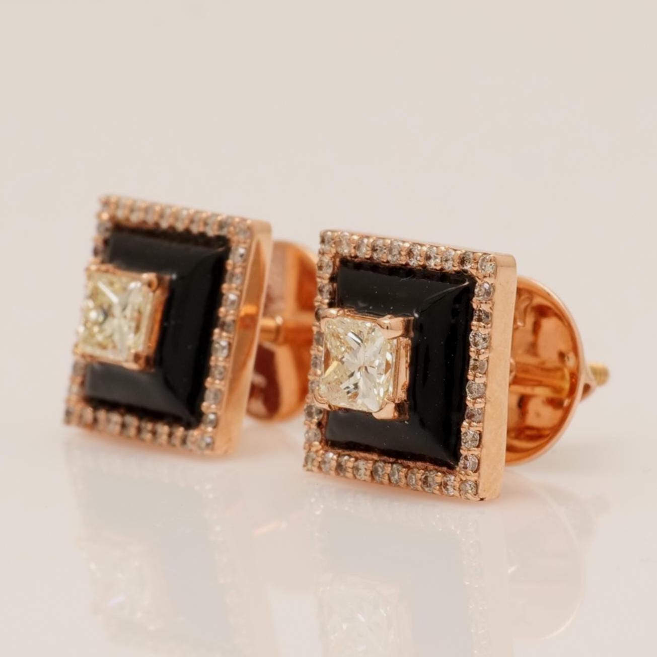 Square Black Enamel Natural Diamond Stud Earrings