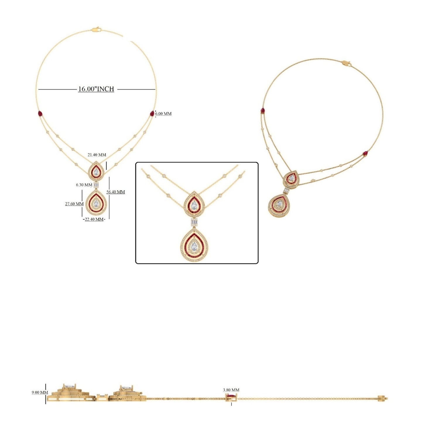 Natural Pear Diamond Halo Ruby Bridal Necklace