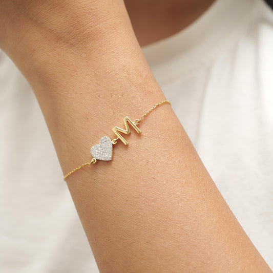 Heart Initial Natural Diamond Bracelet