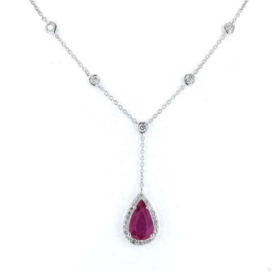 Pear Cut Ruby Diamond Drop Station Necklace
