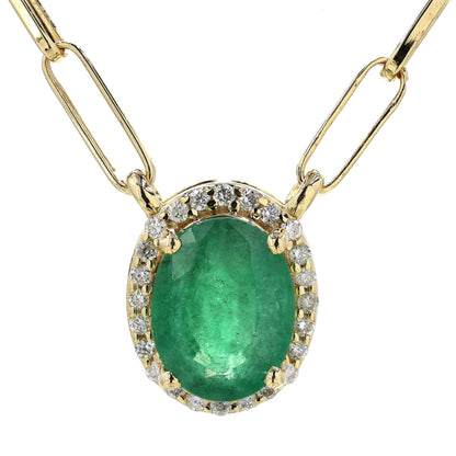 Oval Emerald Halo Diamond Pendant Necklace