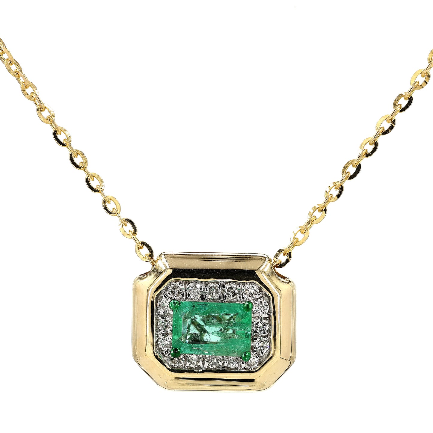 Natural Emerald Halo Geometric Diamond Necklace