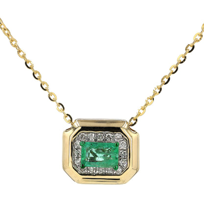 Natural Emerald Halo Geometric Diamond Necklace