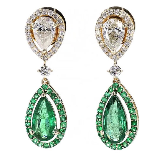 Natural Emerald Diamond Halo Dangle Earrings
