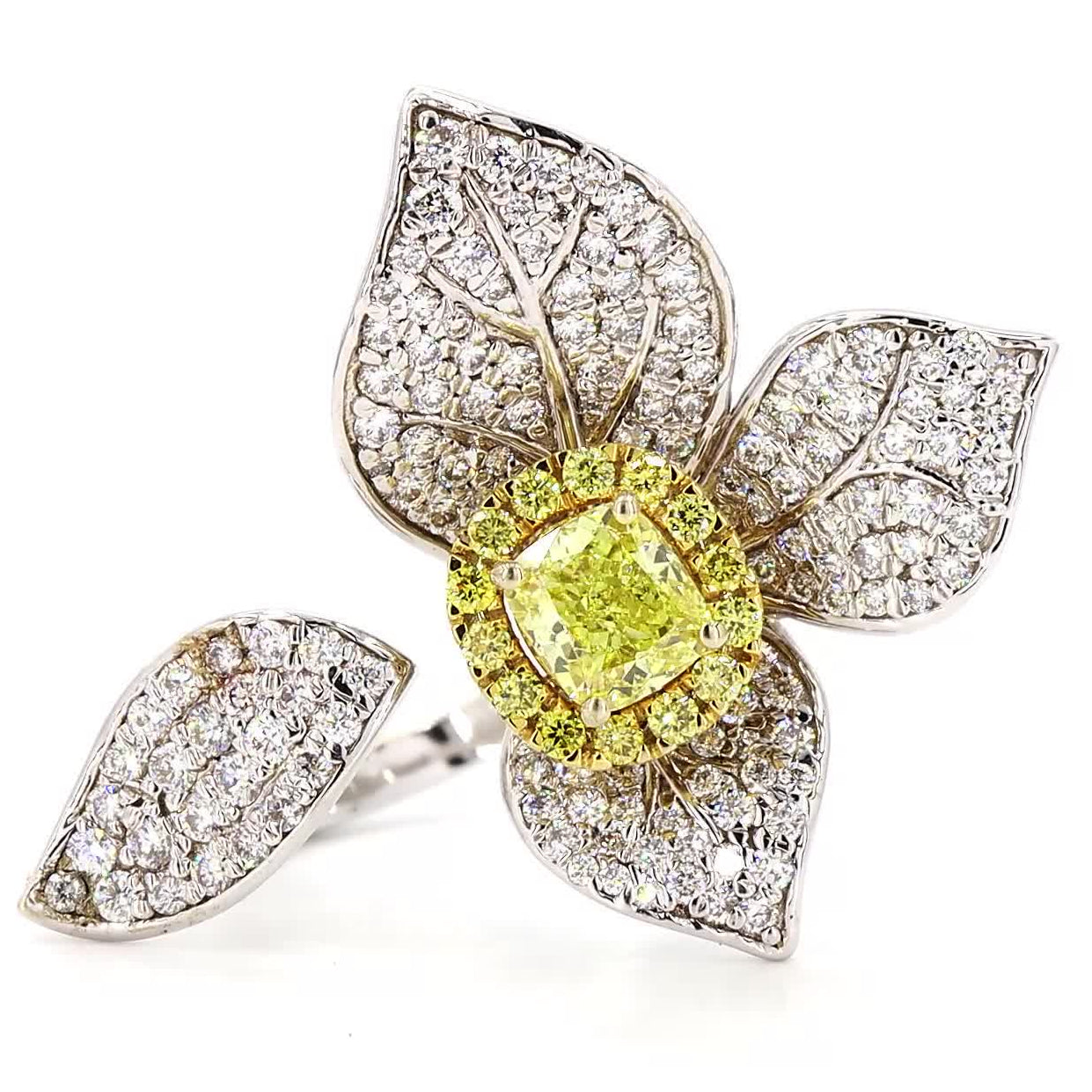 Floral Natural Yellow Diamond Open Band Halo Ring