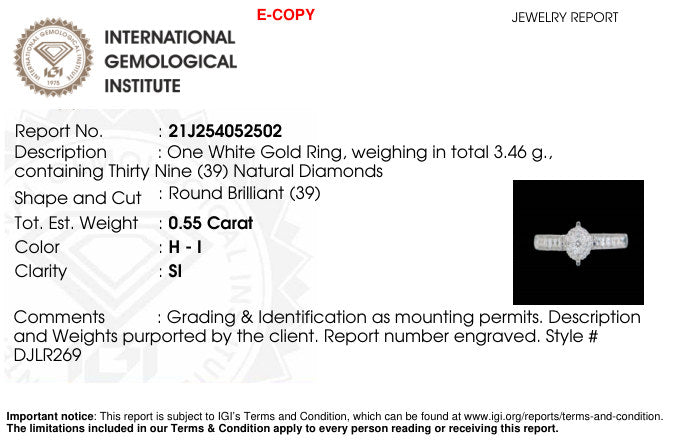 International Gemological Institute (IGI) laboratory report 21J254052502