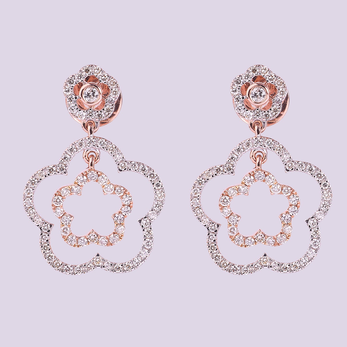 Double Flower Natural Diamond Drop Earrings