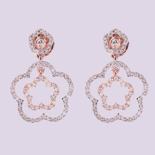 Double Flower Natural Diamond Drop Earrings