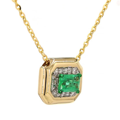 Natural Emerald Halo Geometric Diamond Necklace