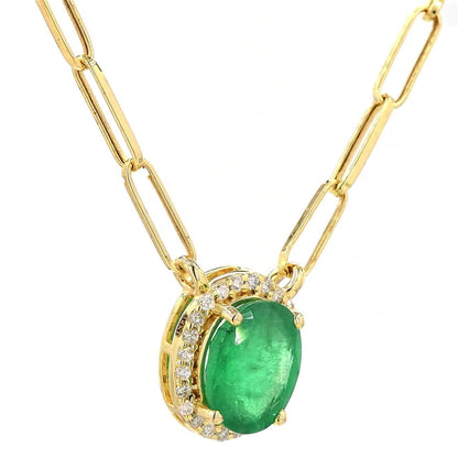 Oval Emerald Halo Diamond Pendant Necklace