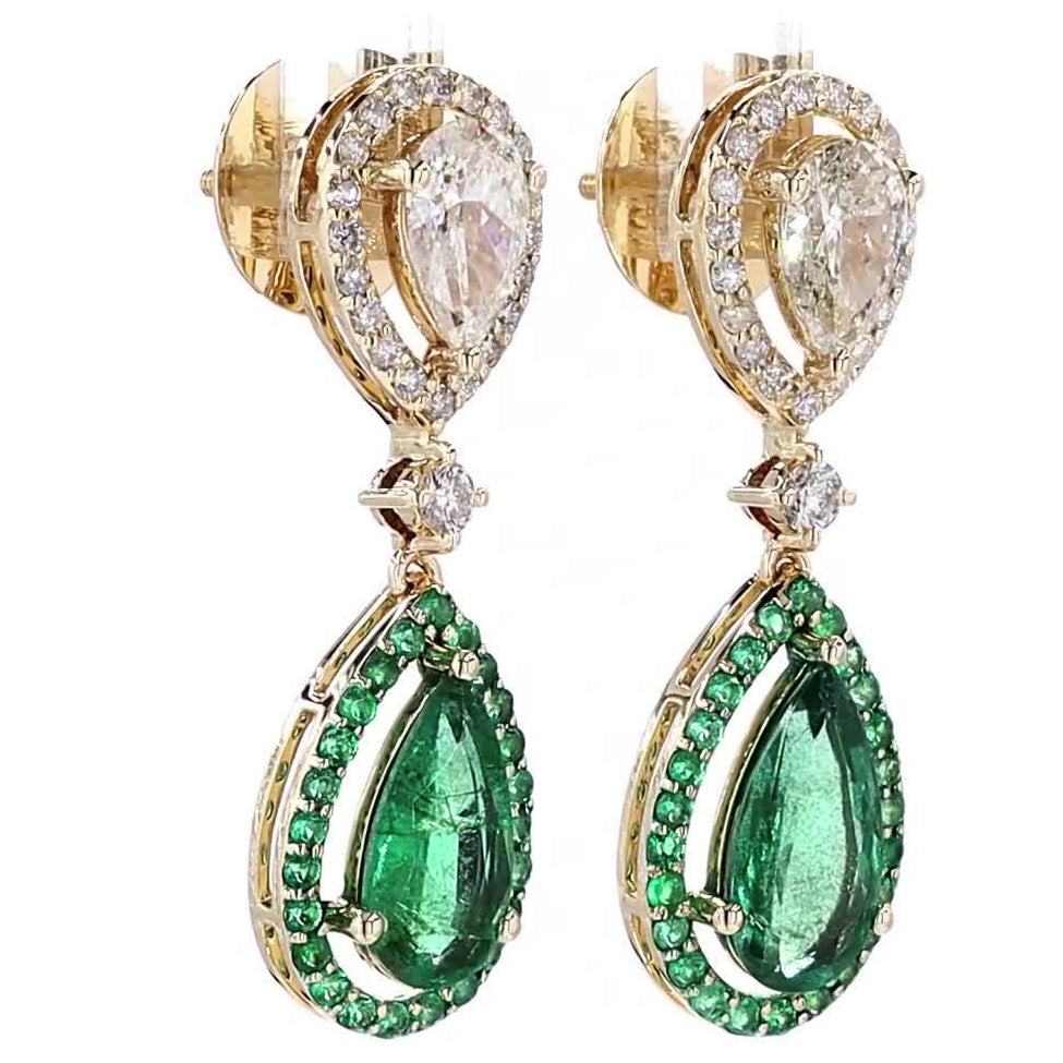 Natural Emerald Diamond Halo Dangle Earrings