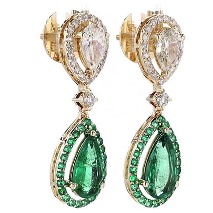 Natural Emerald Diamond Halo Dangle Earrings