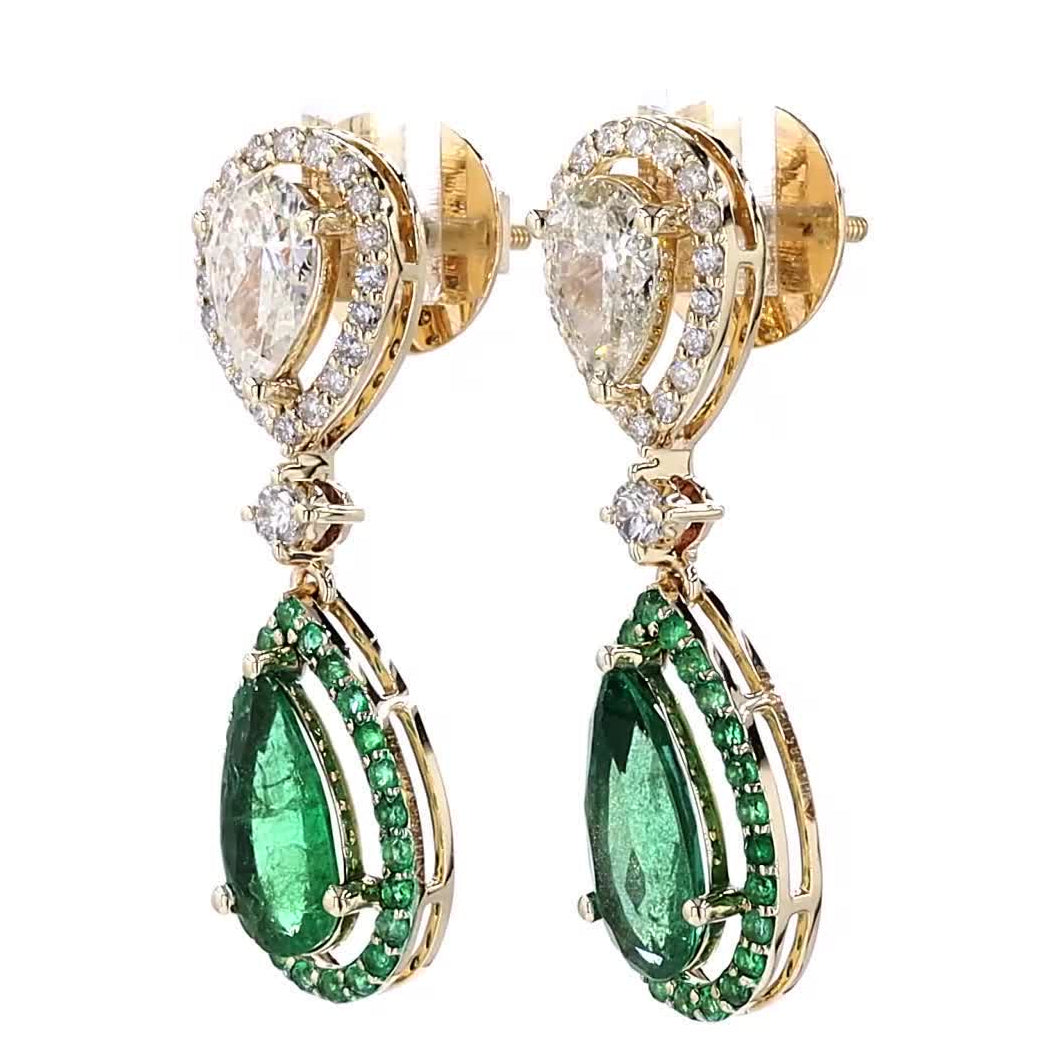 Natural Emerald Diamond Halo Dangle Earrings