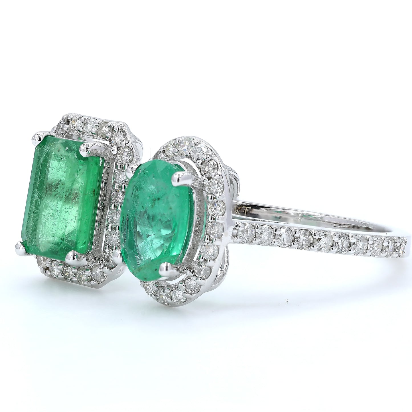 Emerald Oval and Emerald Cut Diamond Halo Ring