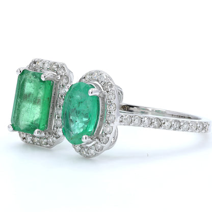 Emerald Oval and Emerald Cut Diamond Halo Ring