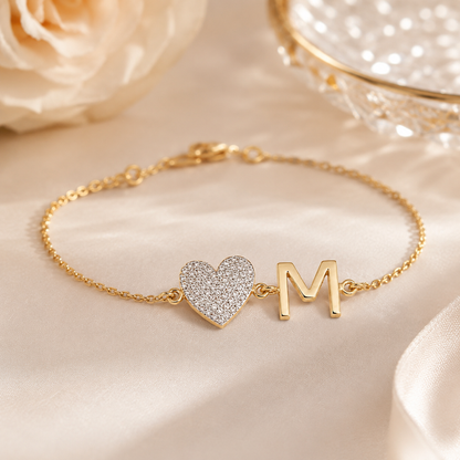 Heart Initial Natural Diamond Bracelet