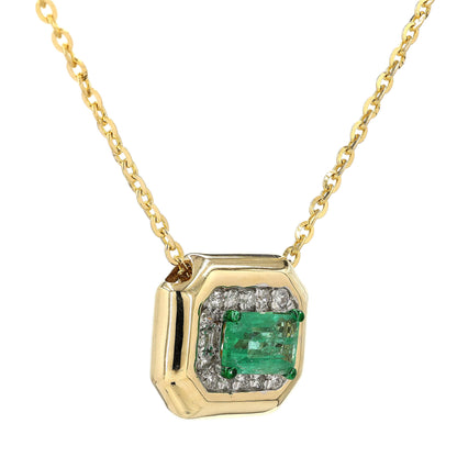 Natural Emerald Halo Geometric Diamond Necklace
