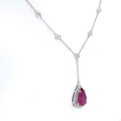 Pear Cut Ruby Diamond Drop Station Necklace