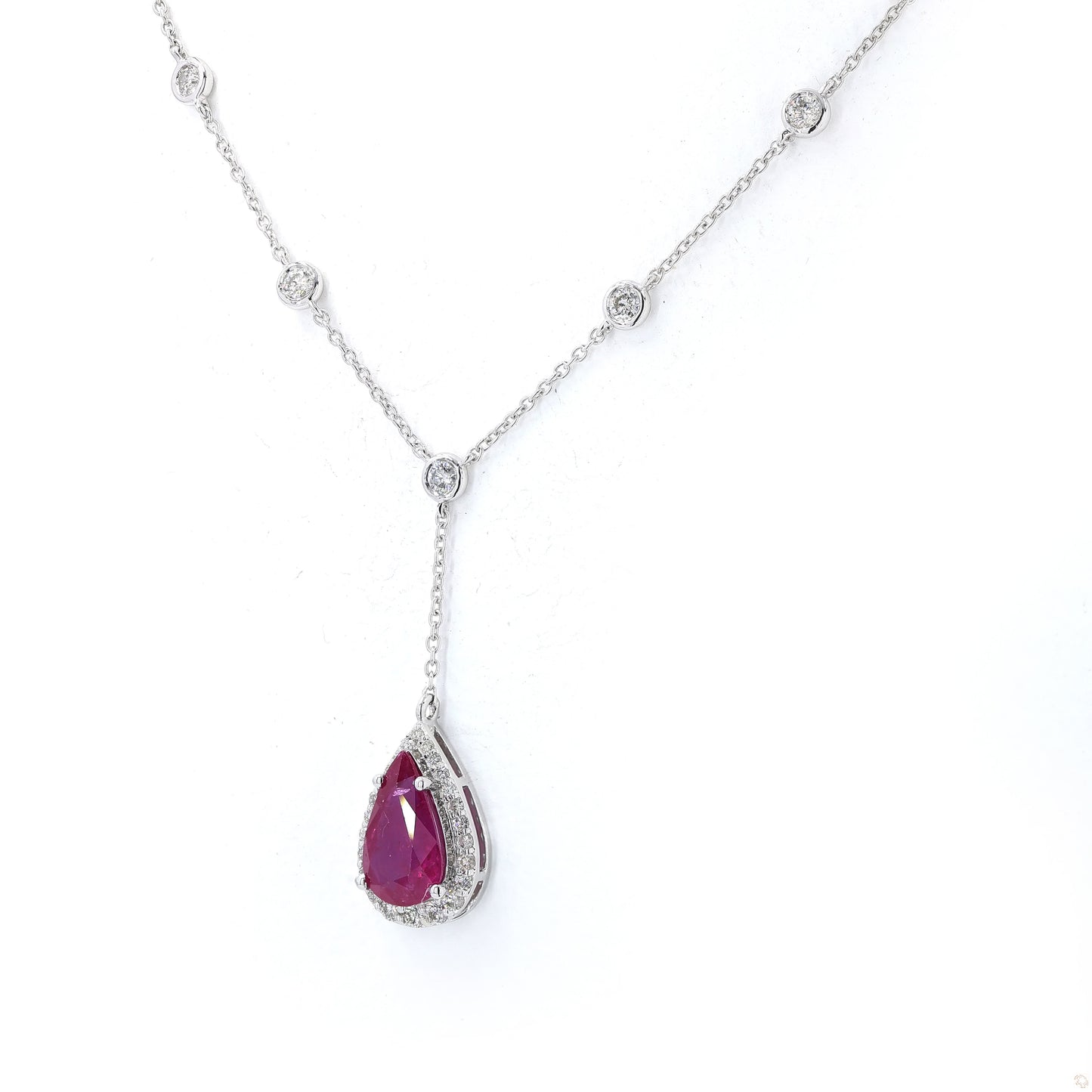 Pear Cut Ruby Diamond Drop Station Necklace