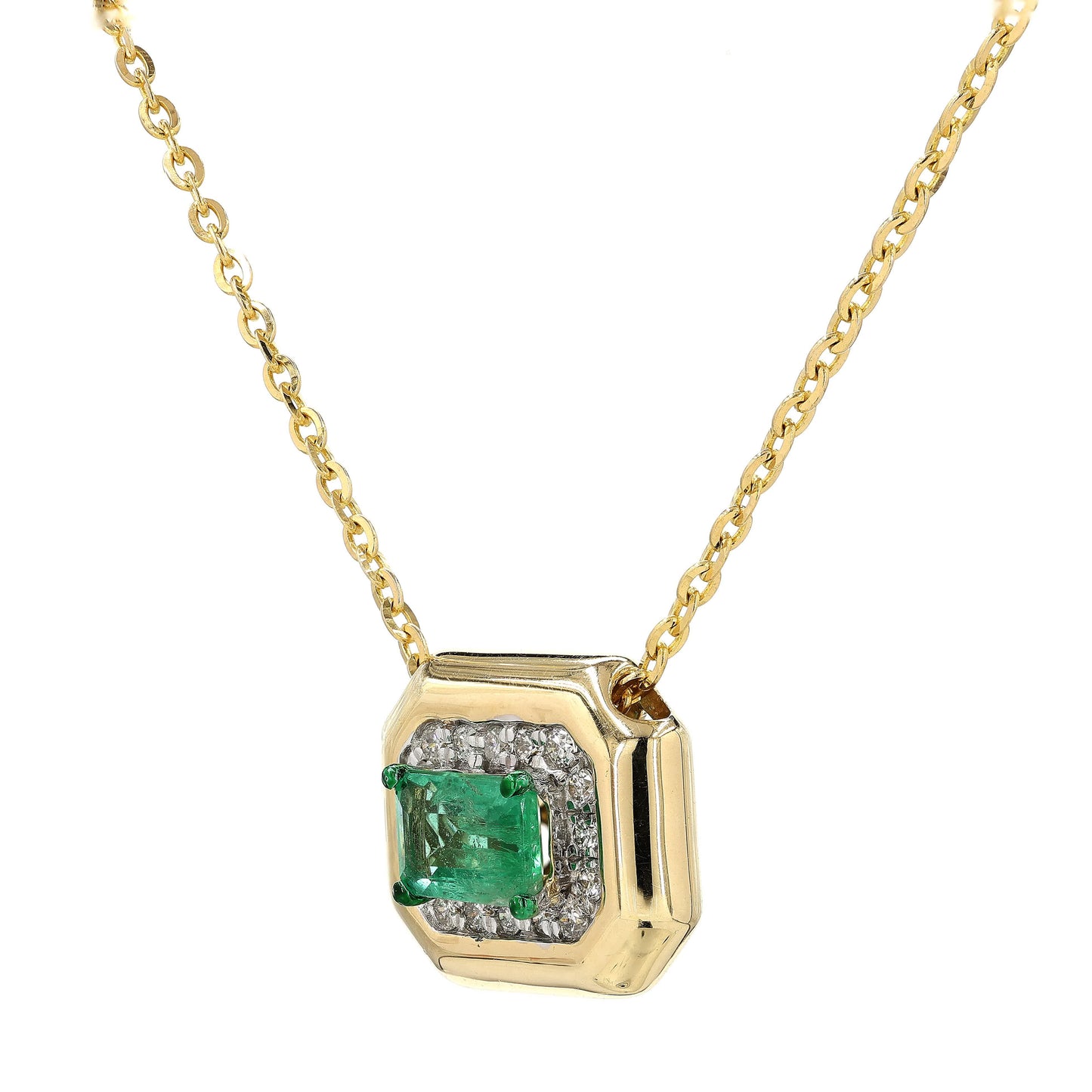 Natural Emerald Halo Geometric Diamond Necklace