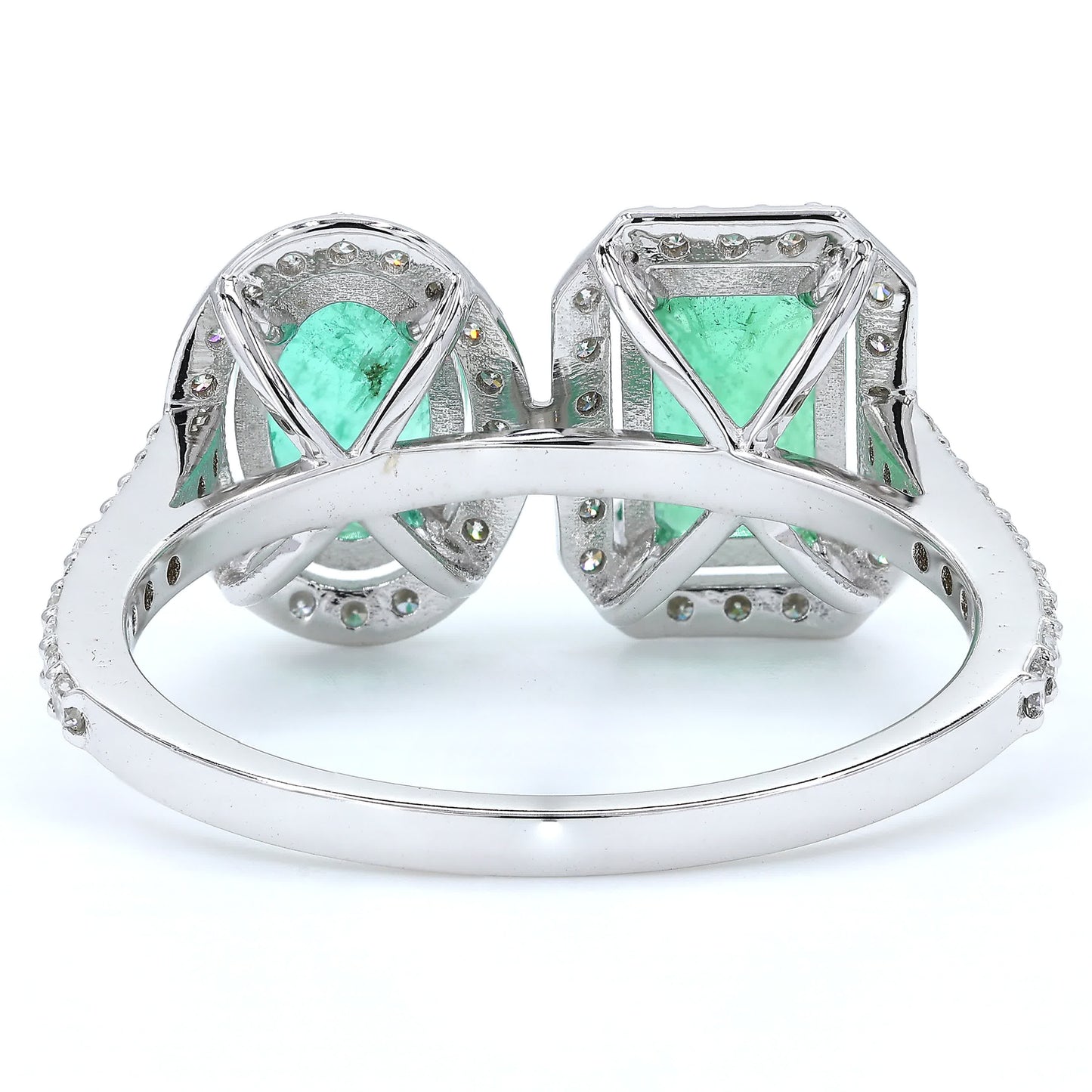 Emerald Oval and Emerald Cut Diamond Halo Ring